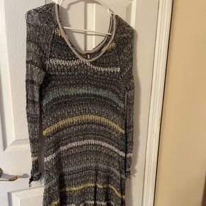 Free People Gray Knit Long Sleeve Dress with Pastel Stripes